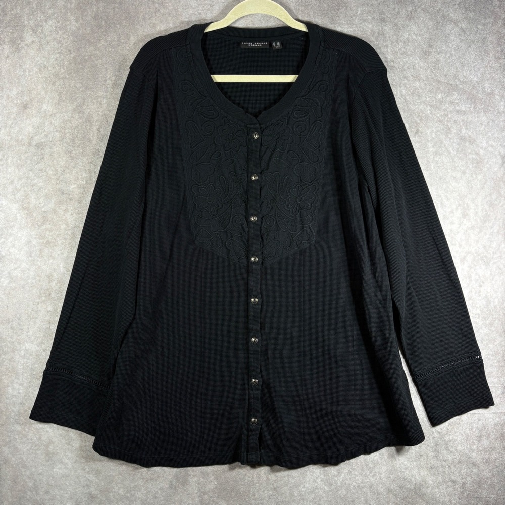 Susan Graver Cardigan Women 2X Black Weekend Waffle Knit Embroidered Floral Boho